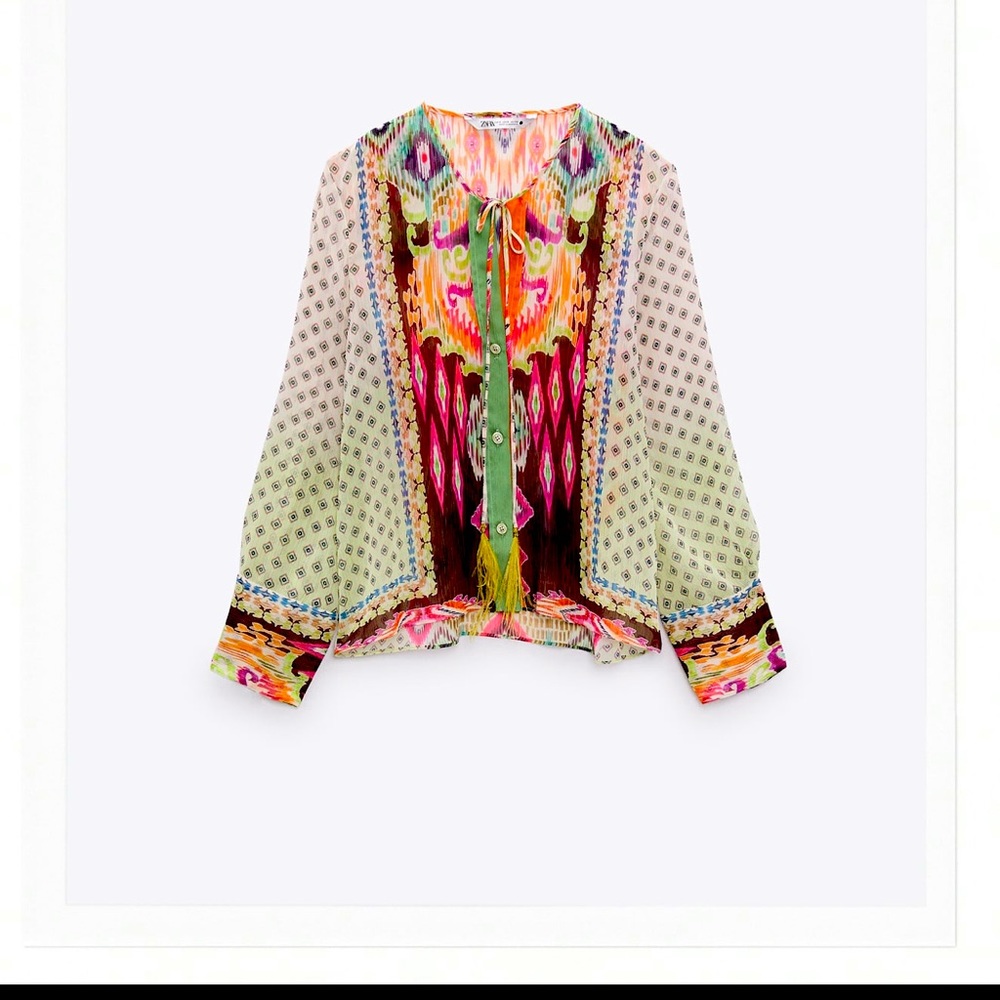 Zara FEATHER TRIM PRINTED BLOUSE  ,Size: Large